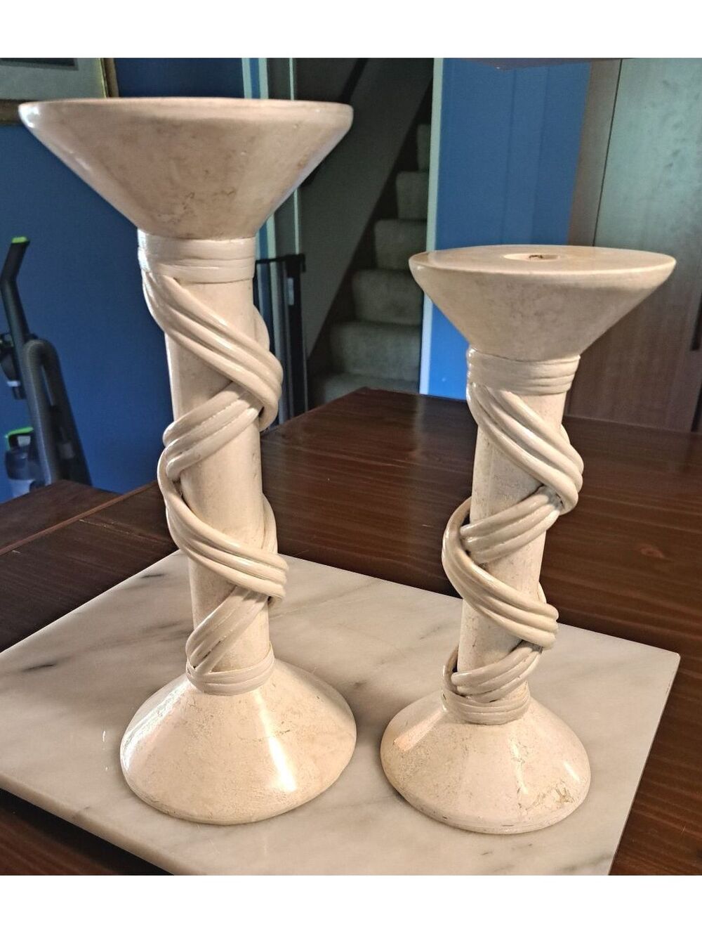 Vintage Pair of Hollywood Regency Renoir Soapstone Candlestick Holders 12"/10"